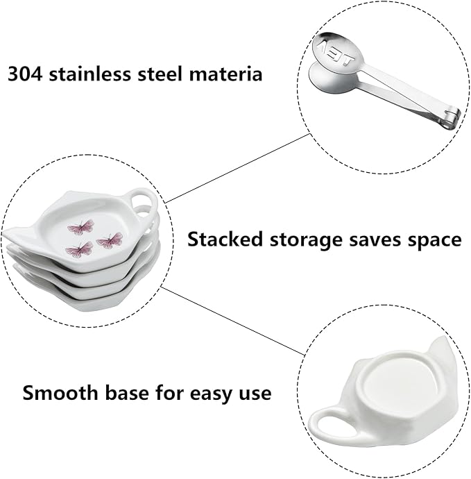 Coaster Set of 6 White Ceramic Tea Bag Holder and Stainless Steel Tea Bag Squeezer (style1)