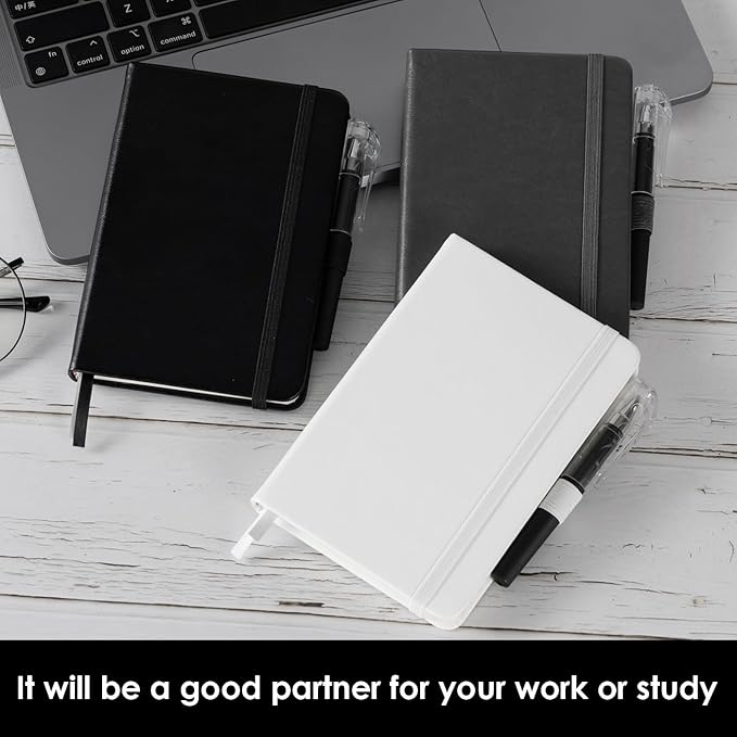 Small Notebook Pocket Size Journal 3.7" x 5.7", 3 Pack, (White, Grey, Black), 408 Pages, A6 Mini Notepad with Pen, Small Leather Note Book, 100GSM Lined paper, Hardcover