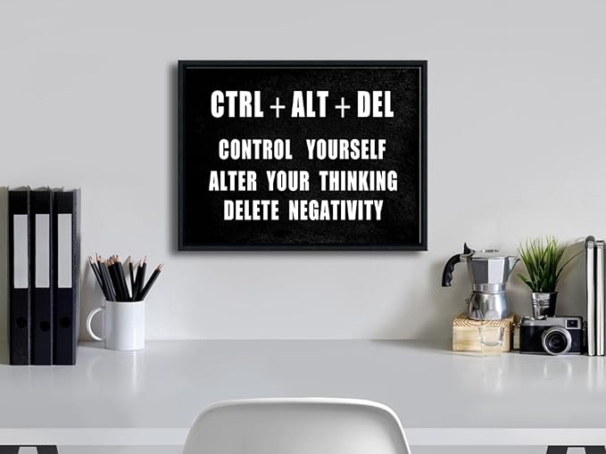 Pyradecor Black Framed Canvas Wall Art Motivational CTRL+ALT+DEL Classroom Positive Quotes Inspirational Poster Canvas Prints for Office Home Decorations