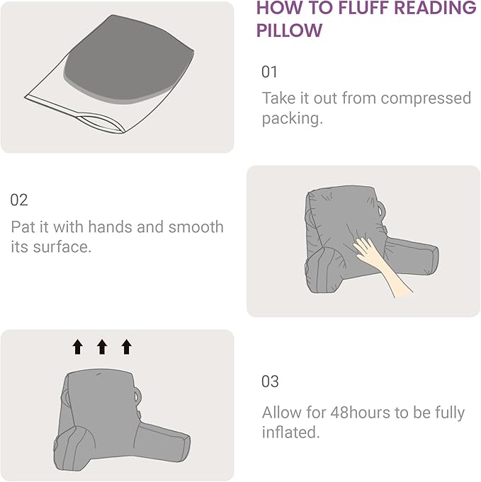 Portable Comfy Reading Pillows for Bed Sitting Up(Lavender Purple Oeko-Tex), Velvet Back Pillow with Arms & Pockets for Adults, Support Memory Foam Bed Pillow for Dorm/Reading/Watching/Gaming