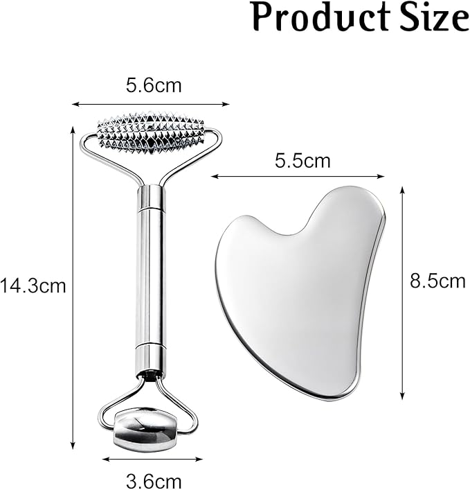 Gua Sha Facial Tools and Face Roller Set, Stainless Steel Facial Sculpting Eyes Roller Guasha for Face, Chin & Jawline Sculpting,Skin Care (Stainless Steel)