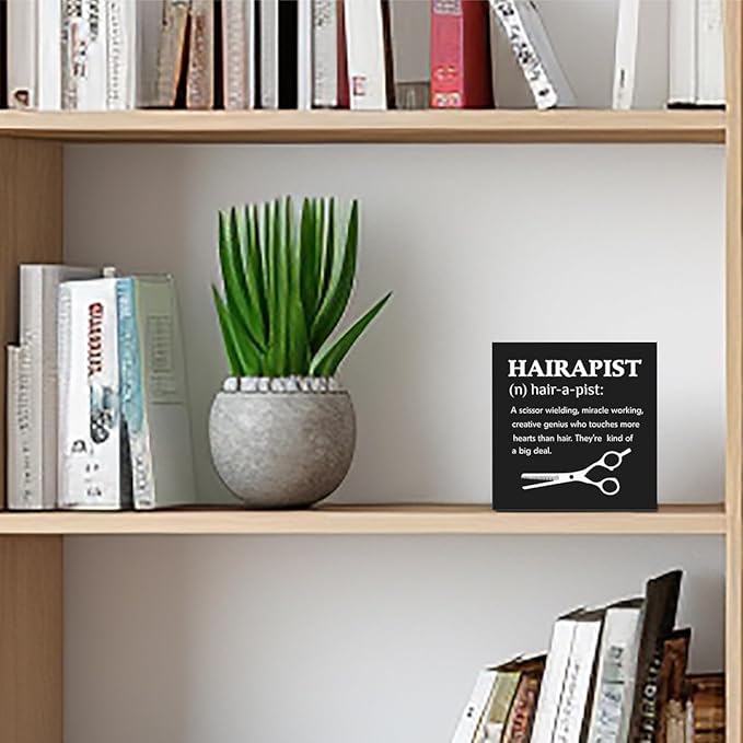 Hairstylist Gifts Wooden Box Sign, Hairapist Definition Sign Salon Decor Gifts for Hairdresser, Rustic Farmhouse Counter Beauty Shop Barbershop Hair Salon Desk Shelf Table Decor Wood Block Plaque