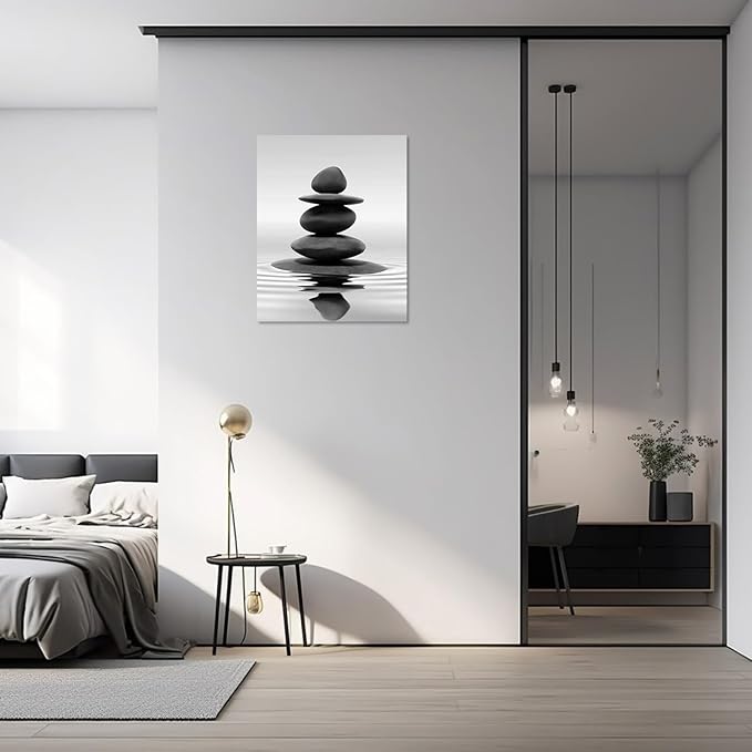 LZIMU Black and White Zen Wall Art Stones in Water Pictures Print on Canvas for Bathroom Yoga Meditation Spa Room Living Room Bedroom Wall Decorations Framed (Zen-1, 12"x18" (30x45cm))