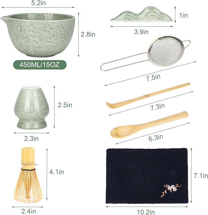 Matcha Whisk Set, 8Pcs Matcha Set Kit include Matcha Bowl, Matcha Whisk and Holder, Bamboo Scoop, Scoop Rest, Sifter and Tea Towel, Matcha Whisk and Bowl Set for Matcha Lovers and Beginers