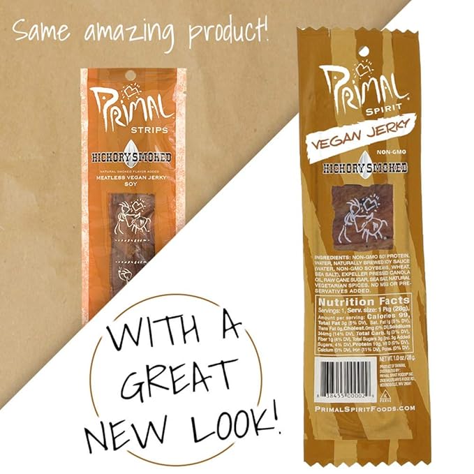 Primal Spirit Vegan Jerky – “Classic Flavor” – Hickory Smoked, 10 g. Plant Based Protein per oz., Certified Non-GMO, No Preservatives, Sports Friendly Packaging (18 Pack, 1 oz. ea.)