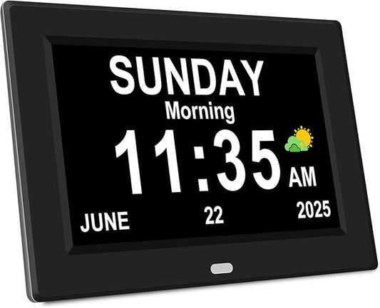 7‘’ Digital Alarm Clock for Elderly Large Display for Seniors Electric Clocks with Date Day of Week 12 Alarms 4 Colors Desk Wall Calendar Clocks for Memory Loss Alzheimers Dementia Auto DST/Dimmer