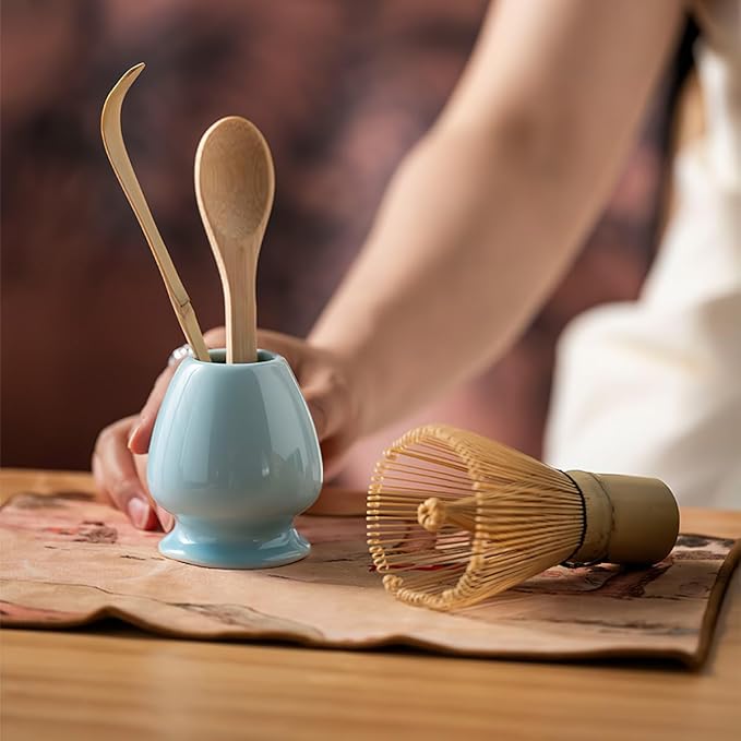 8 Pcs Matcha Whisk Set, Ceramic Matcha Whisk Holder, Ceramic Bowl with Spout, Matcha Ceremony Accessory, Home Kitchen Decor Tea Gifts for Birthdays, Halloween and Christmas (Blue)