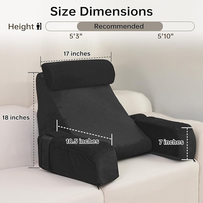 ENITYA Back Pillow for Bed Sitting up, 19" Reading Pillow for Sitting in Bed Adult, Back Support Pillow with Arms for Watching TV/Reading/Gaming/Resting, Medium(Black)