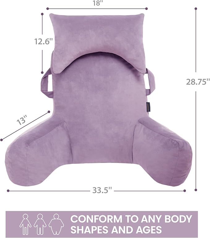 Portable Reading Pillows with Headrest for Bed Sitting Up(Lavender Purple Oeko-Tex), Velvet Back Pillow with Arms & Pockets for Adults, Support Memory Foam Bed Pillow for Dorm/Reading/Gaming
