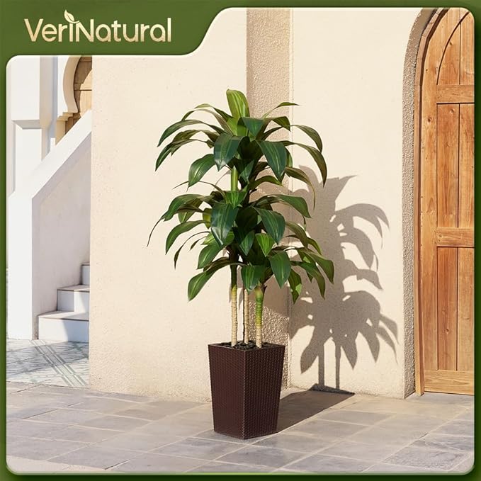 Artificial Dracaena Tree 5FT - Fake Tree with Brown Taper Planter & Pebbles - UV Resistant Faux Yucca Tropical Plant - Artificial Trees for Home Office Living Room Decor Indoor Outdoor