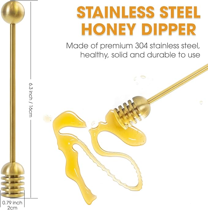 DUGATO Gold Honey Dipper Set (2 Pack, 6.3") - 304 Stainless Steel Honeycomb Sticks for Honey Pot Jar, Syrup Drizzler, Tea & Coffee Stirrer - Elegant Kitchen Utensil