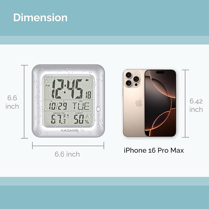 KADAMS Bathroom Clock 9.5" Kitchen Wall Clock with Large LCD Screen – Shower Clock with Suction Cup,Temperature, Humidity, Calendar – Water-Resistant, 4 Mounting Options, Silver