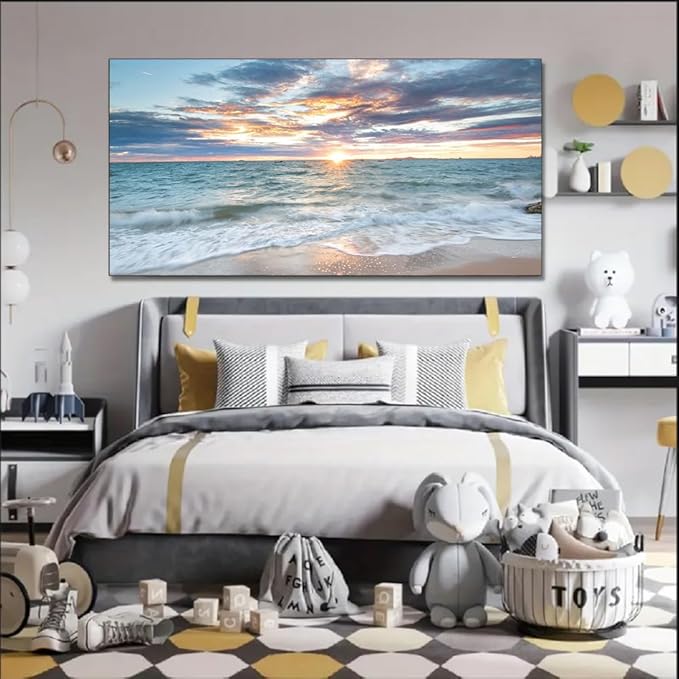 Yxbhhym-Large Canvas Wall Art Beach Artwork for Walls Coastal Wall Décor Seascape Prints Ocean Painting Sunset Picture Waves Sea Landscape Poster Bedroom Wall Art Living Room Office Decorations