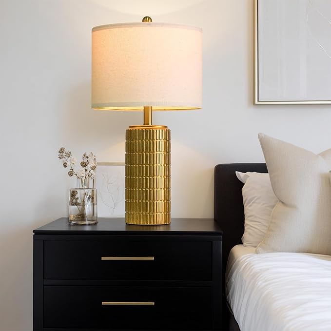 PoKat 23" Brass Gold Ceramic Table Lamps for Living Room, Retro Warm Gold Lamps for Night Stands, Vintage Bronze Decorative Lamps for Bedroom, Antique Gold Brown Nightstand Lamps for Home Decor