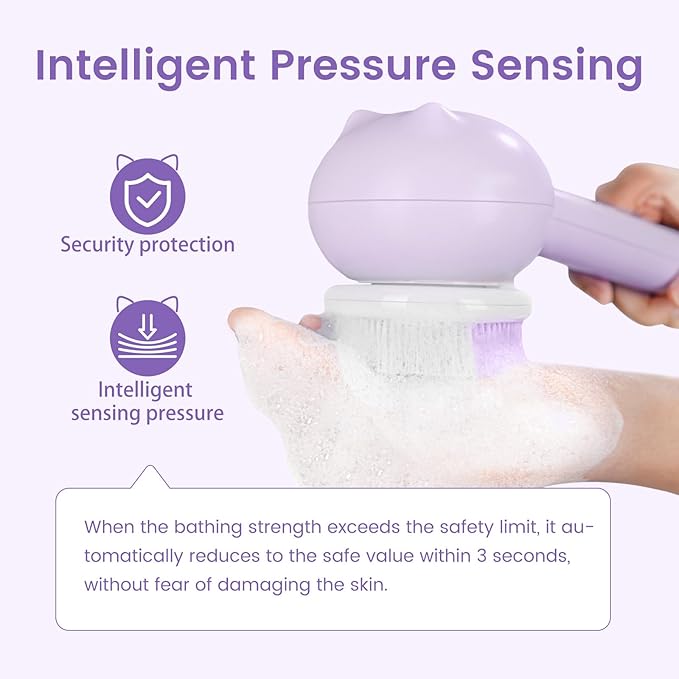 Electric Back Scrubber for Shower Body Brush, Waterproof Shower Body Scrubber for Cleansing, Massaging, Rechargeable Bath Brush for Kids & Adults with 2 Heads & 3 Speed Modes, Taro Purple XY0