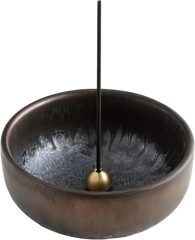 Asayu Japan Zen Incense Holder for Sticks 3.9 inch (100mm) 100% Made in Japan, Metallic Black, Brown and Gold, Ceramic Incense Bowl and Brass Incense Burner in Modern Style
