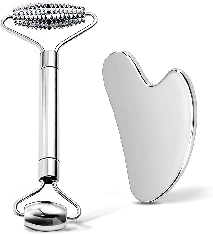 Gua Sha Facial Tools and Face Roller Set, Stainless Steel Facial Sculpting Eyes Roller Guasha for Face, Chin & Jawline Sculpting,Skin Care (Stainless Steel)
