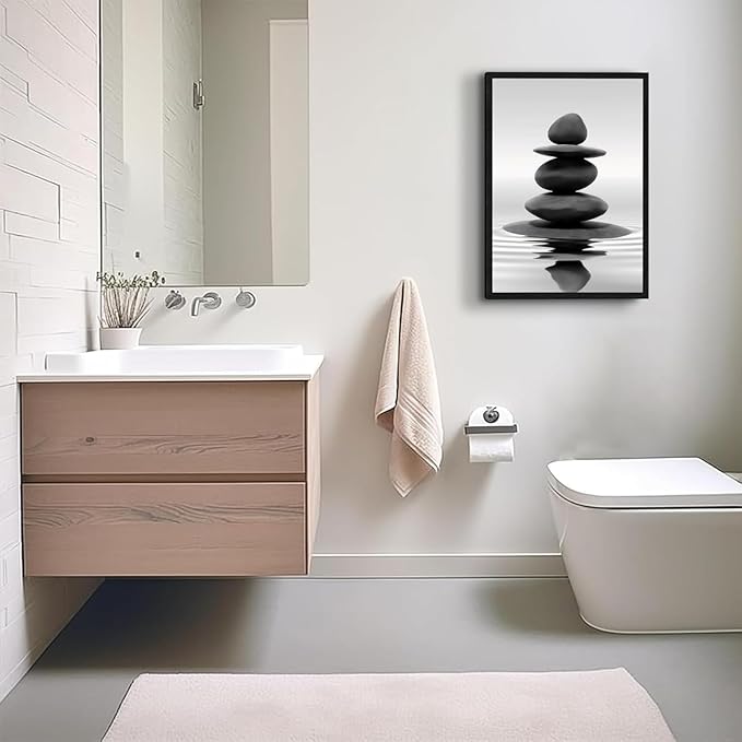 DCMVJHZV Framed Black and White Bathroom Wall Art Zen Stones in the water Bathroom Wall Art Yoga Meditation Picture Wall Decor Spa Room Bedroom Living Room Wall Painting Print (16"x24")