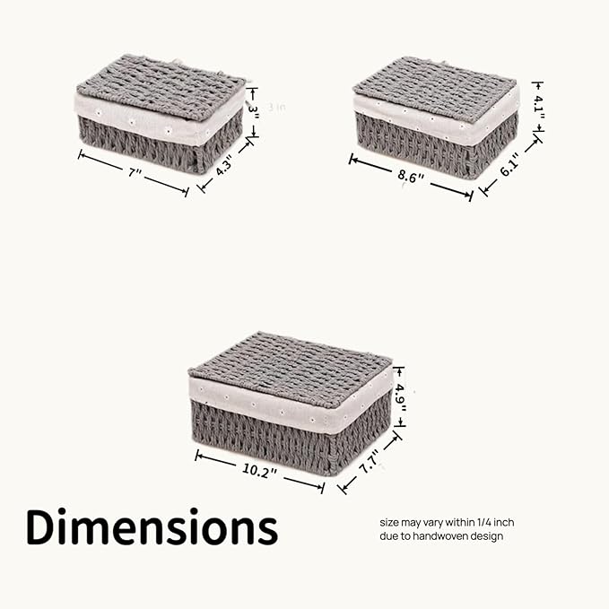 3PCS Wicker Basket with Lid Paper Rope Storage Baskets for Shelf Baskets Storage Bins with Lid and Removable Liner Makeup Bathroom Closet Drawer Desk Organizer Shelf Baskets (Grey)