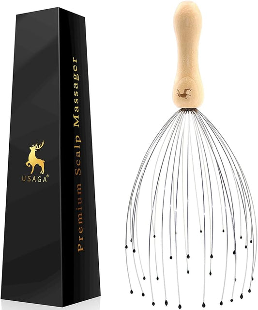 USAGA 32 Fingers Head Massager, Head Scratcher Scalp Massager, Stocking Stuffers Gift for Scalp Body Relaxing Wood Handle (1 Pack)