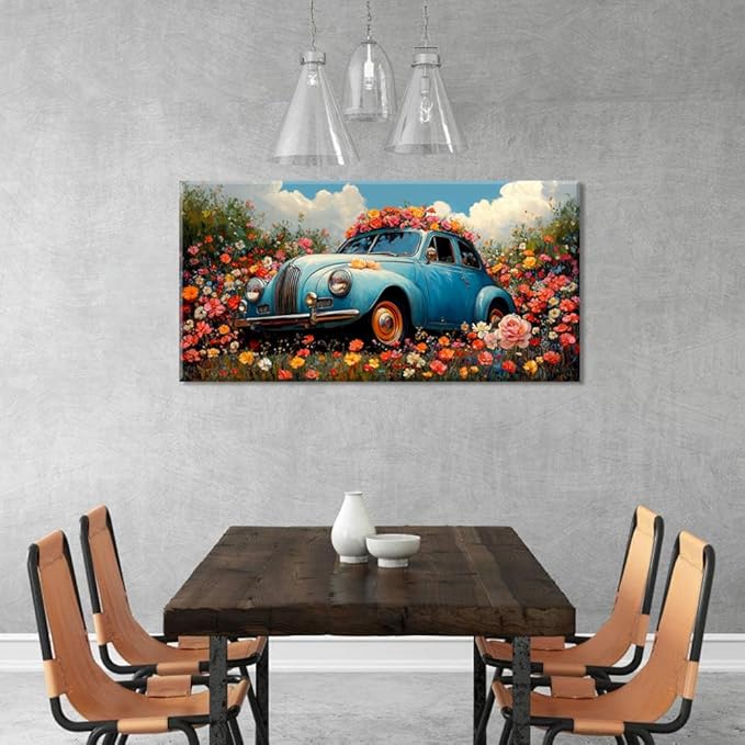 ZESTRILIA Car Wall Art Flower Canvas Paintings Old Shabby Garden Floral Artwork Rustic Landscape Picture for Country Farmhouse Living Room Bedroom Home Office Kitchen Décor (23x46inch)