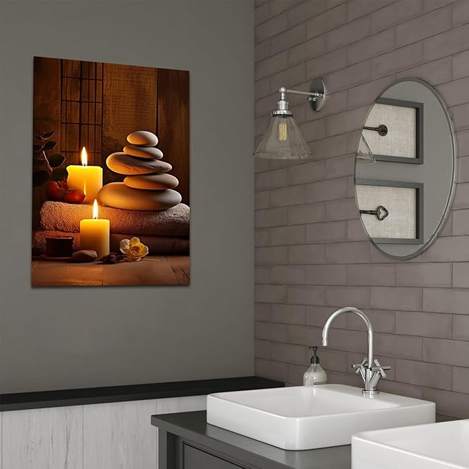 GLOKAKA Zen Spa Wall Art Meditation Room Wall Decor Massage Stones with Atmospheric Candles Relax/Calm Canvas Print Artwork for Living Room, Bedroom, Bathroom Decor