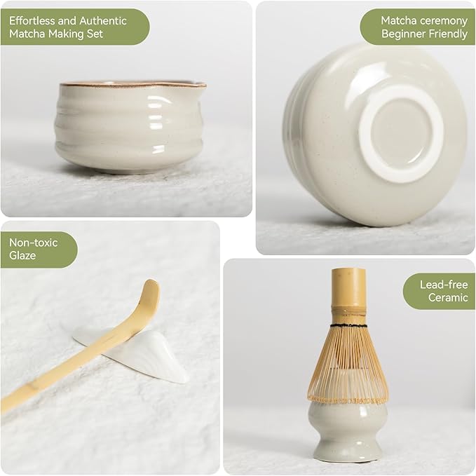 Matcha Whisk Set, Ceramic Matcha Set Includes Matcha Bowl, Matcha Whisk Chasen and Whisk Holder, Sifter, Bamboo Scoop, Scoop Rest and Tea Towel-7 Pcs Matcha Kit for Matcha Lovers, Misty Gray