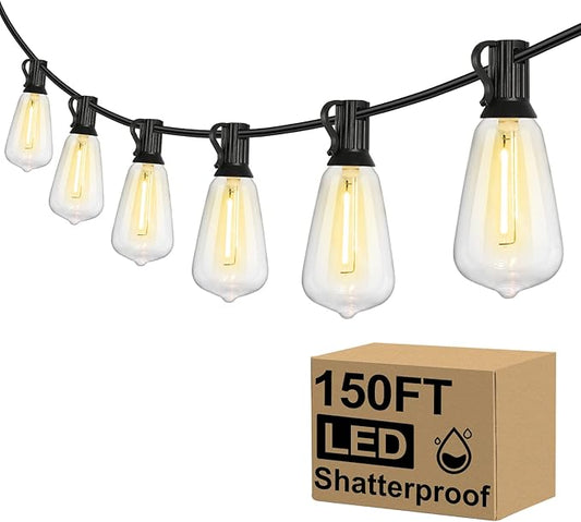 Brightever Outdoor String Lights 150FT, Patio Lights with 75+2 Dimmable ST38 Shatterproof LED Bulbs, Vintage Edison String Lights for Outside, Waterproof Bistro Lights for Halloween Backyard 2700K
