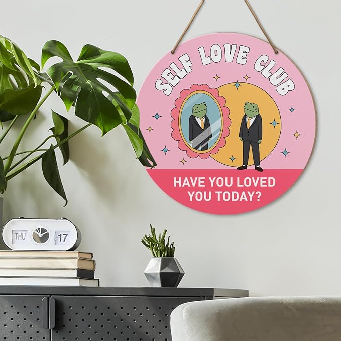 Self Love Club Inspirational Wall Decor, Frog Positive Round Wooden Hanging Sign Decor, Pink Motivational Decorations for Home Bathroom Office, Inspirational Gifts for Women Men, Loved You Today
