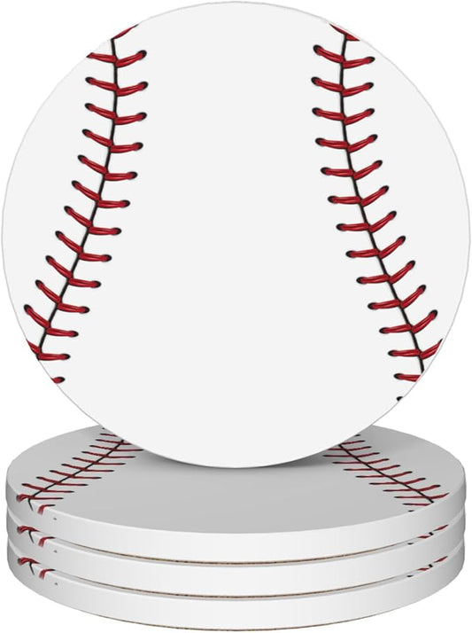 Baseball Round 4" Cup Coasters Set of 4, Absorbent Ceramic Stone Coasters with Cork Base, Ideal Gifts for Home Decor