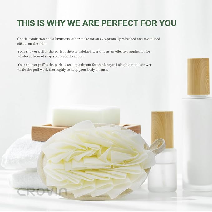 Shower Puff 4 Pack Bath Sponge Shower Loofahs Pouf Large 7x5 Premium Exfoliating Mesh Puffs for Women and Men-Elastic Hand Strap Body Brush to Soothe, Cleanse Your Skin