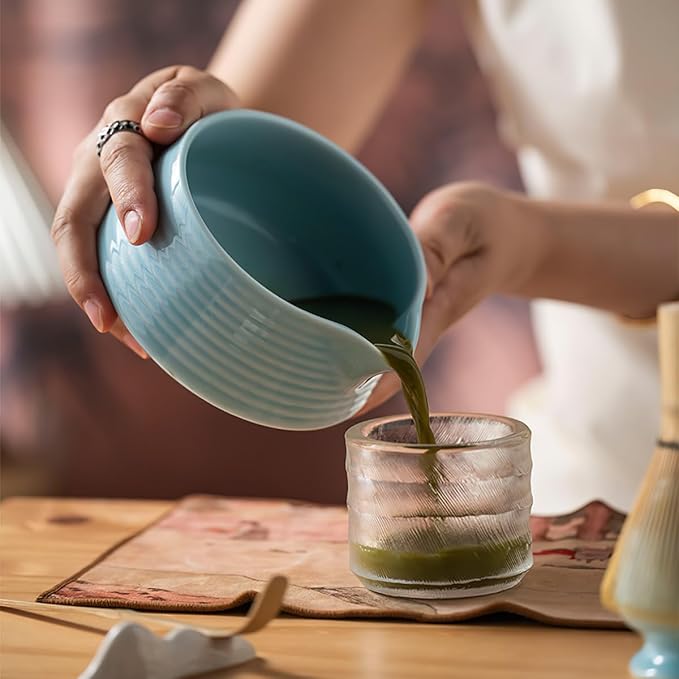 8 Pcs Matcha Whisk Set, Ceramic Matcha Whisk Holder, Ceramic Bowl with Spout, Matcha Ceremony Accessory, Home Kitchen Decor Tea Gifts for Birthdays, Halloween and Christmas (Blue)