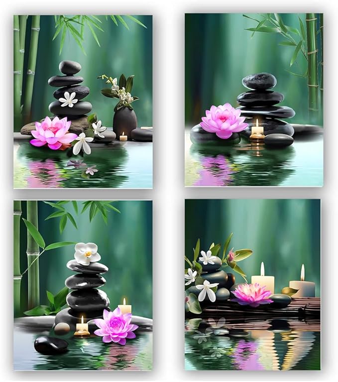 TANXM Zen Wall Art Print - Meditation Canvas, Spa Stones, Sand Posters for Yoga Office Bathroom Bedroom - Set of 4 (Unframed 8 x 10 IN), Warm