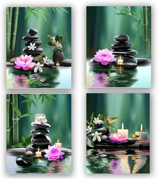 TANXM Zen Wall Art Print - Meditation Canvas, Spa Stones, Sand Posters for Yoga Office Bathroom Bedroom - Set of 4 (Unframed 8 x 10 IN), Warm