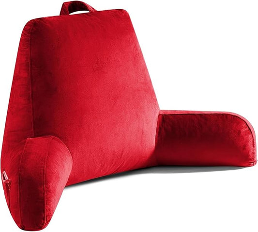 Reading Pillow for Sitting in Bed Adult, Reading Pillow with Shredded Memory Foam, Bed Pillow with Washable Cover, Back Pillow Sitting Up with Extend Arms, Red, X-Large