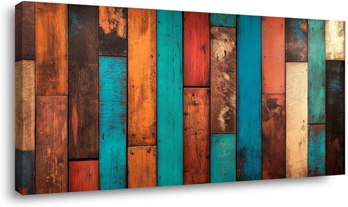 ZESTRILIA Reclaimed Wood Planks Canvas Wall Art for Living Room Office Rustic Mosaic Colorful Canvas Artwork Living Room Dining Entryway Room Décor