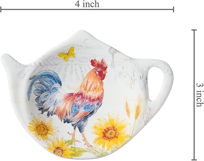 Supreme Housewares Sunshine Rooster Tea Bag Holders, Teapot Shaped Tea Bag Coasters Spoon Rests Saucer Seasoning Dish Set, Multicolor, 4 x 3 Inch, Set of 4