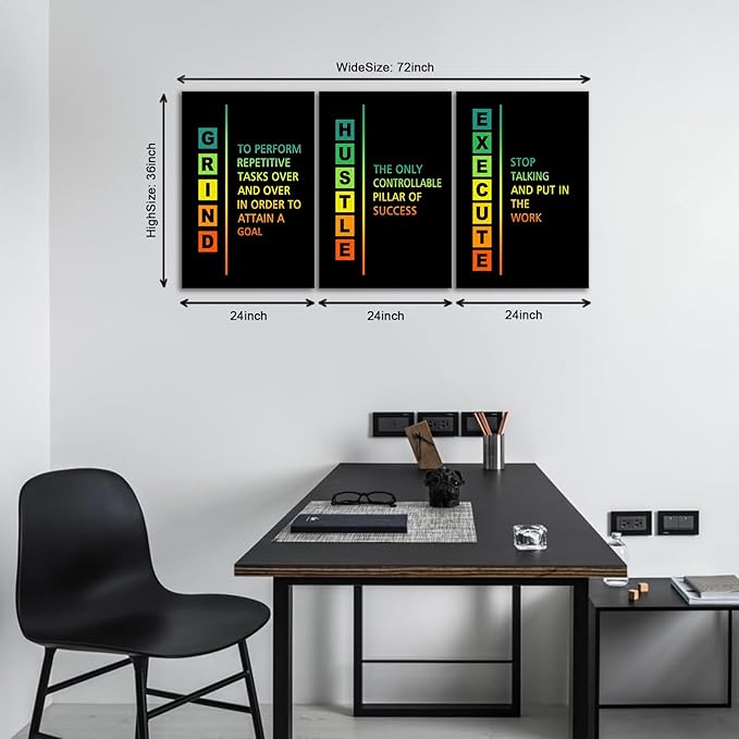 KAWAHONE Motivational Canvas Wall Art, Hustle Grind Execute Wall Art Decor, Black and White Positive Motivational Poster Framed Inspirational Entrepreneurs Painting Prints Quotes Poster for Office Workplace