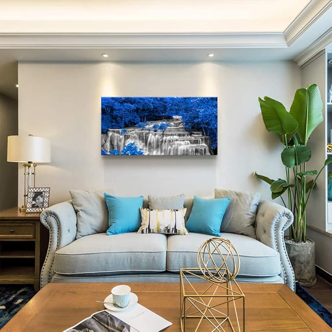 Yxbhhym Waterfall Wall Art Black and White Décor Blue Trees Scenery Canvas Prints Forest Paintings for Wall Landscape Wall Décor Bedroom Living Room Decor Large Wall Decoration Framed-20x40inch