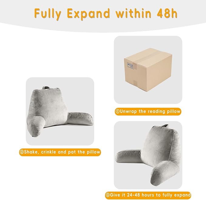 Reading Pillow for Sitting in Bed Adult, Reading Pillow with Shredded Memory Foam, Bed Pillow with Washable Cover, Back Pillow Sitting Up with Extend Arms, Light Gery, X-Large