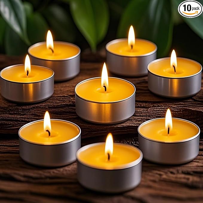 10 Pcs Beeswax Tealight Candles in Aluminum Cup, 4-Hour Extended Burn Time Tea Lights, 100% Pure Natural Beeswax Tea Candles, Perfect for Home Decor, Air Purification,Gift