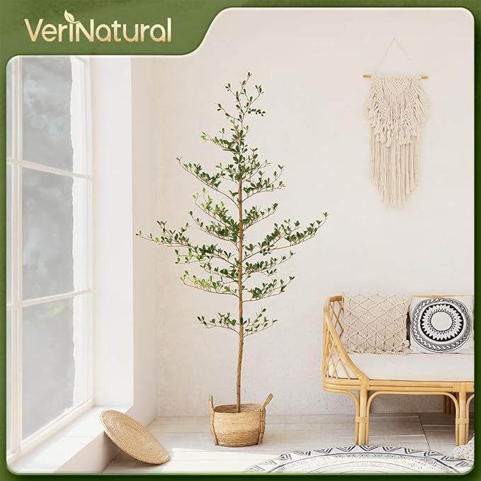 Artificial Black Olive Tree 6FT Indoor Outdoor Decor Faux Plants - Real Wood Trunk Fake Tree with Green UV Resistant Leaves - Tall Floor Plant for Modern Home Office Living Room Decoration