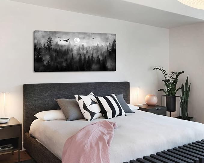 ZESTRILIA Forest Wall Art Black & White Moon Night Retro Canvas Prints Modern Rustic Paintings Nordic Artwork Landscape Picture for Country Farmhouse Living Room Bedroom Home Office Décor (23x46inch)