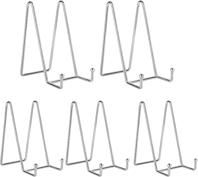 Kruodop 6 Inch Plate Stands for Display, 5 Pack Plate Holder Display Stand, Black Metal Frame Easel Holder Stand for Pictures,Book, Photo, Decorative Plate, Silver