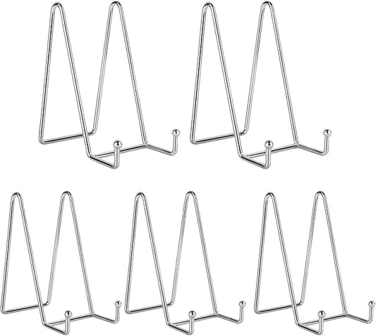 Kruodop 6 Inch Plate Stands for Display, 5 Pack Plate Holder Display Stand, Black Metal Frame Easel Holder Stand for Pictures,Book, Photo, Decorative Plate, Silver