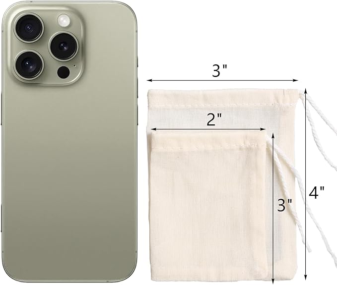 Eketirry Spice Bags, 10pcs Reusable Empty Tea Bags, Muslin Strainer Bags, Soup Bags for Cooking, Natural Cotton Fine Mesh Cheesecloth Bags for Cold Brew Coffee(2 x3" &3 x4")