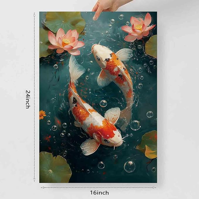 Koi Fish Wall Art Chinese Style Painting Pink Lotus Pond Wall Art Carp Picture Koi Fish Artwork Good Luck Painting Traditional Chinese Modern Aesthetic Picture Living Room Decor 16x24inch No Frame