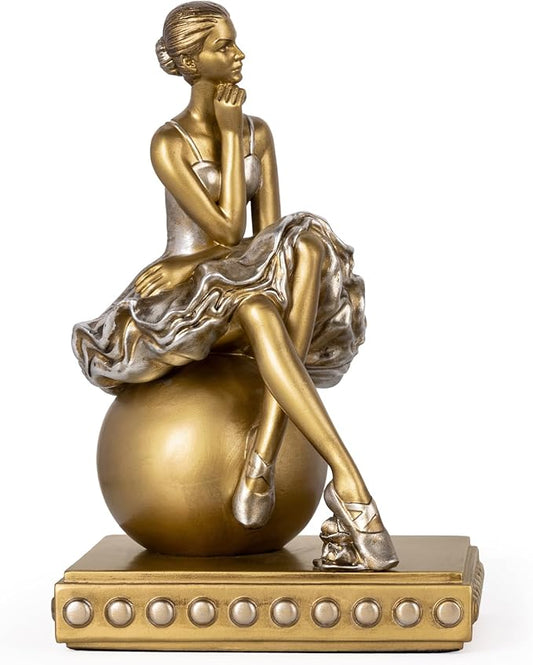 Ballerina Figurines, Seated Ballerina Dancer Statues Resin Sculpture Home Decor, Ballet Dance Girl Ornament for Shelves Home Office Decor (Gold)