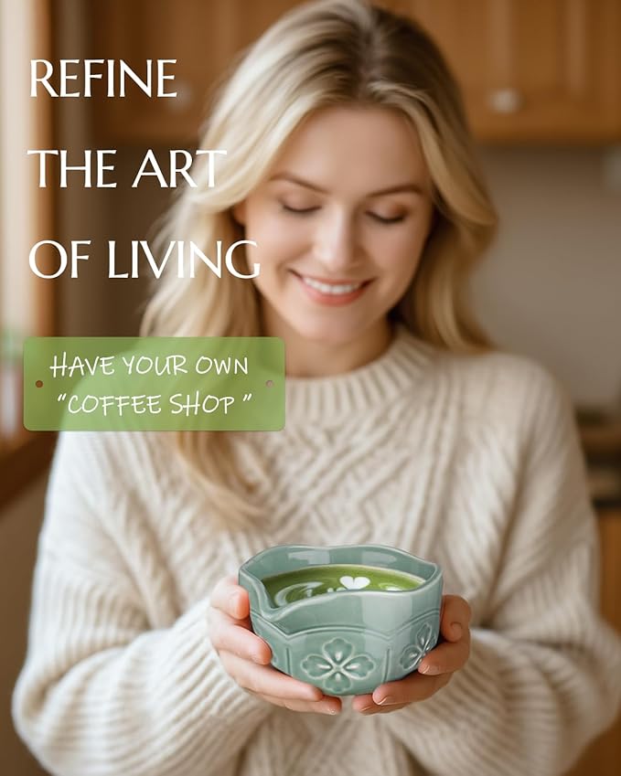 Matcha Whisk Set, Ceramic Matcha Bowl, Bamboo Whisk, Scoop, Sifter, Holder, Tea Towel - 6 Pcs Matcha Kit Gift for Matcha Lovers Beginners (Green)