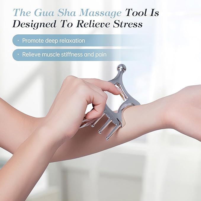 Metal Gua Sha Facial Tools, Portable Scalp Massage Tool, 5 in 1 Massage Comb for Head, Neck, Shoulders, Legs & Arms Hand Held Head Massager for Deep Relaxation and Relieving Fatigue & Pain, Home SPA